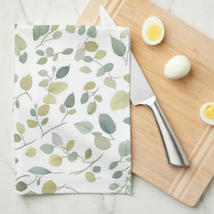 Watercolor Green Leaves Pattern Tea Towel