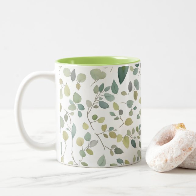 Watercolor Green Leaves Pattern Two-Tone Coffee Mug (With Donut)