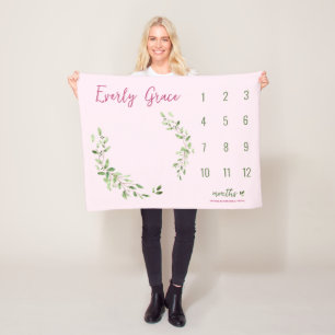 Watercolor Green Leaves Pink Baby girl milestone Fleece Blanket