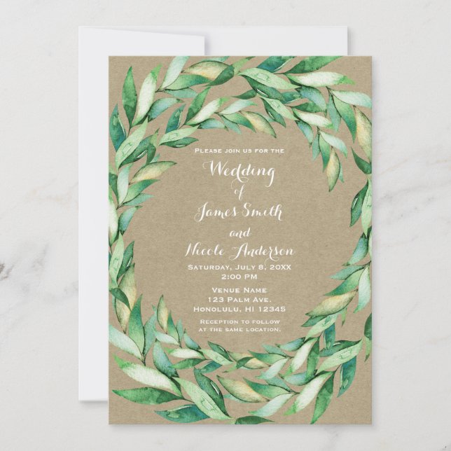Watercolor Green Leaves Rustic Kraft Wedding Invitation (Front)