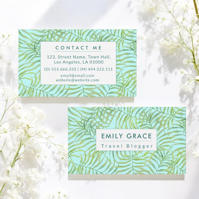 Watercolor Green Leaves Tropical Pattern Business Card (Creator Uploaded)