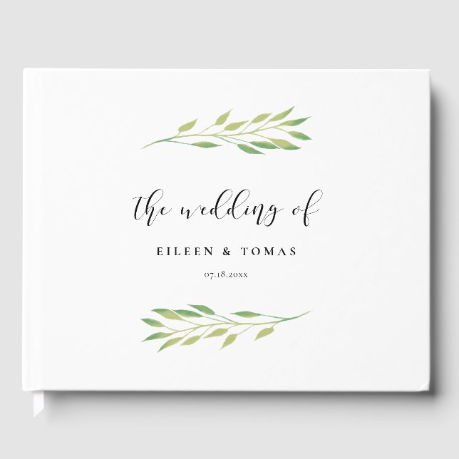 Watercolor green leaves wedding guest book (Front)