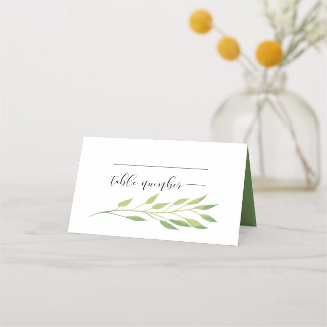 Watercolor green leaves wedding place card (Front)