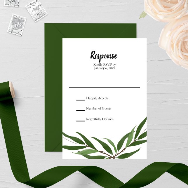 Watercolor Green Leaves Wedding RSVP Card (Creator Uploaded)