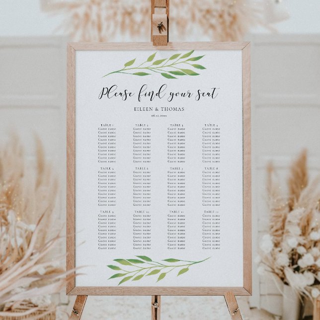 Watercolor green leaves wedding seating chart (Creator Uploaded)