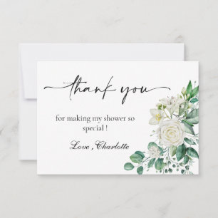 Watercolor Green Leaves White Rose Bridal Shower Thank You Card