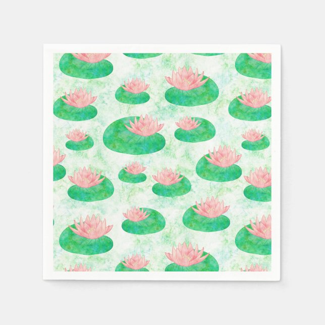 Watercolor Green Lily Pad Pink Lotus Floral Napkin (Front)