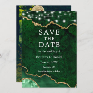 Watercolor Green Marble Agate Geode Lights Photo Save The Date