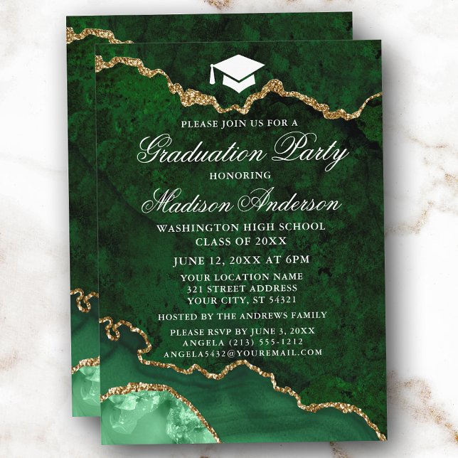 Watercolor Green Marble Agate Graduation Party Invitation (Customize to change text size, style or to add more text or photos to back of card.)