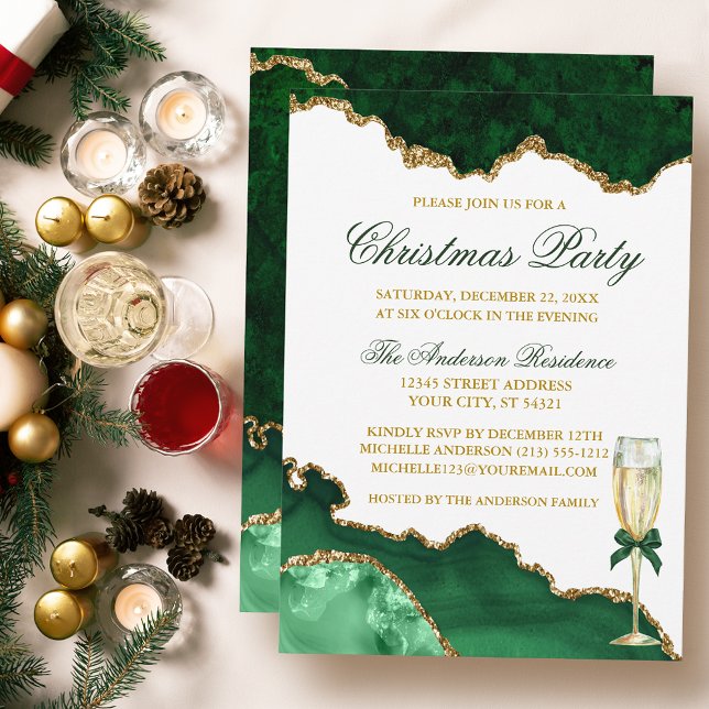 Watercolor Green Marble Gold Christmas Party Invitation (Customize to change text size or text style.)