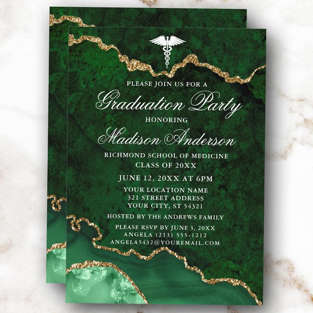 Watercolor Green Marble Medical Graduation Party Invitation (Customize to change text size, style or to add more text or photos to back of card.)