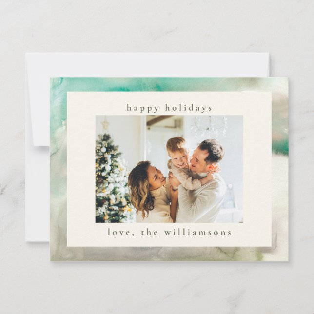 Watercolor Green Modern Happy Holidays Photo Holiday Card (Front)