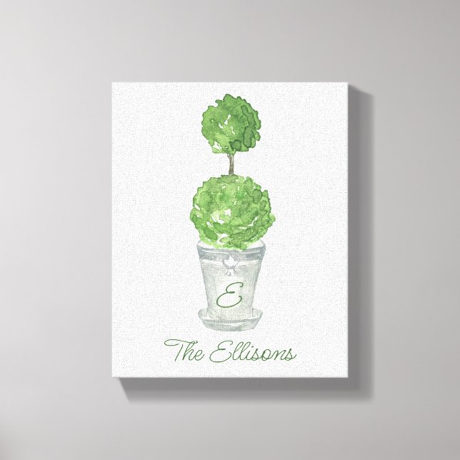 Watercolor Green Monogrammed Topiary Canvas Print (Front)