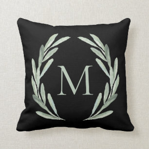 Watercolor Green Olive Branch Wreath Monogram Cushion