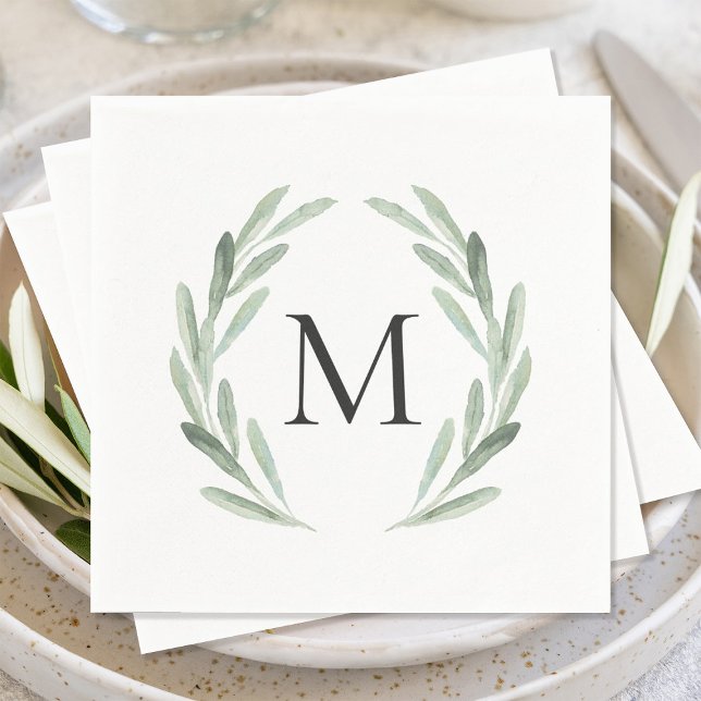 Watercolor Green Olive Branch Wreath Monogram Napkin (Creator Uploaded)