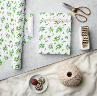 Watercolor Green Olive Branches Leaves  Wrapping Paper