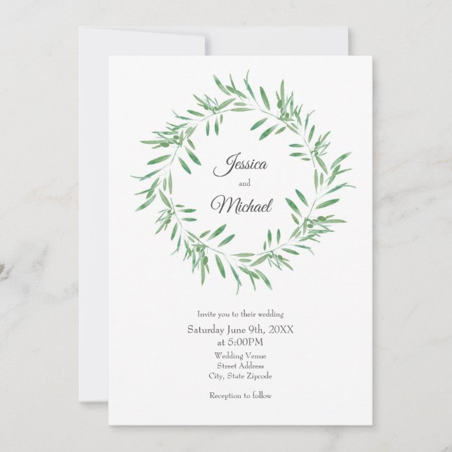 Watercolor Green Olive Wreath Invitation (Front)