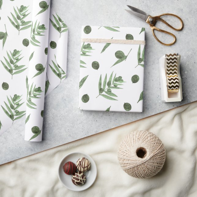 Watercolor Green Olives and Olive Branches Wrapping Paper (Crafts)