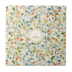 Watercolor Green Orange European Garden Tile