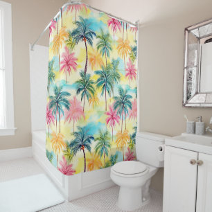 WATERCOLOR GREEN ORANGE PINK TROPICAL PALM TREES SHOWER CURTAIN