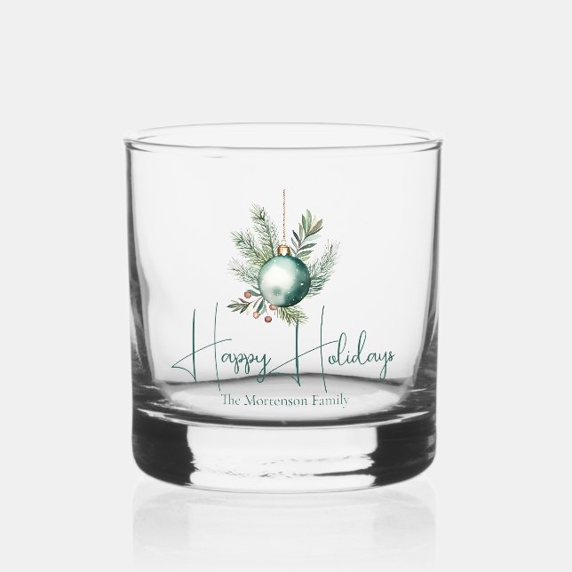 Watercolor Green Ornament Trendy Holiday Party Whiskey Glass (Front)
