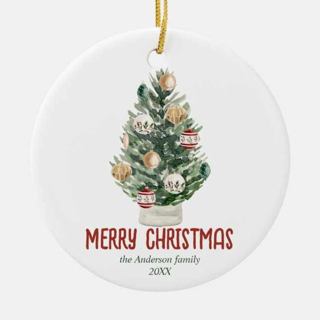 Watercolor Green Ornaments Tree Merry Christmas (Front)