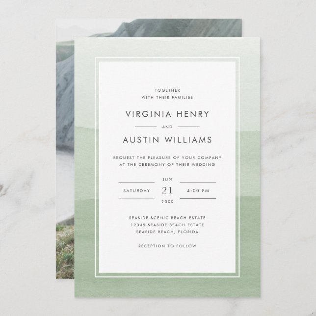 Watercolor Green Photo Wedding Invitation (Front/Back)