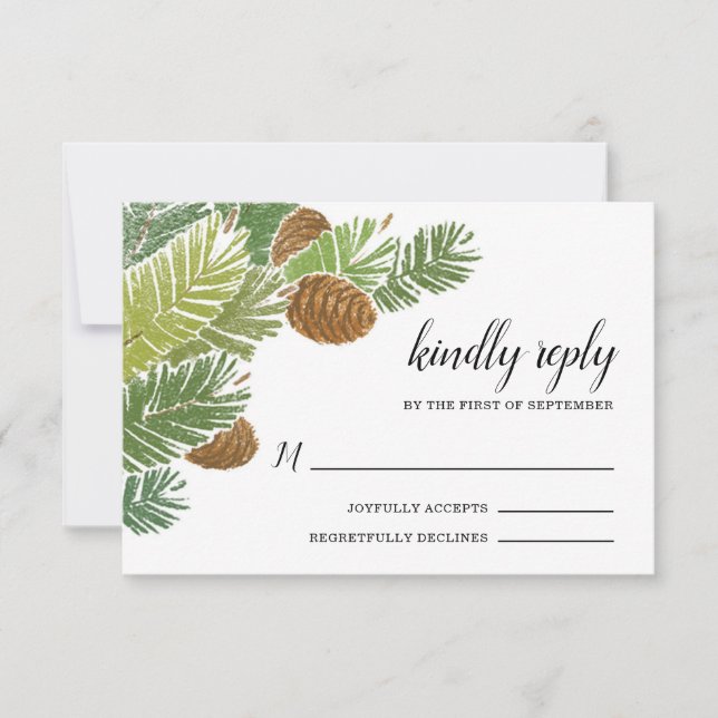 Watercolor Green Pine Branch Cones RSVP Card (Front)