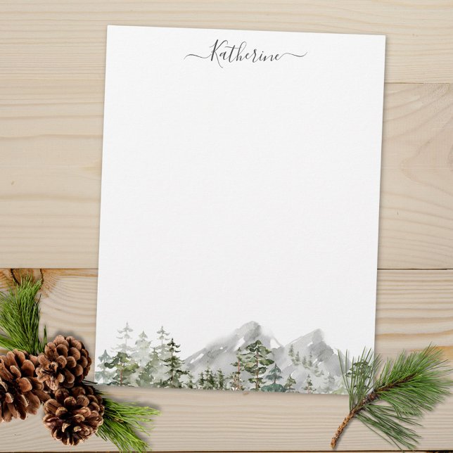 Watercolor Green Pine Forest Custom Letterhead (Close up)