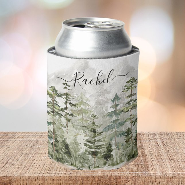 Watercolor Green Pine Forest on Mountain Can Cooler (In situ)