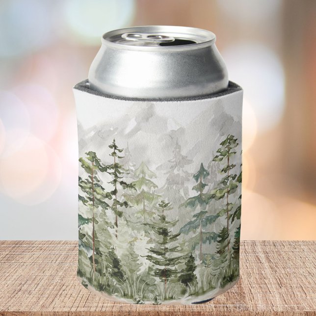 Watercolor Green Pine Forest on Mountain Can Cooler (In situ)