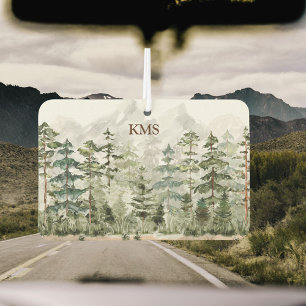 Watercolor Green Pine Forest on Mountain Car Air Freshener