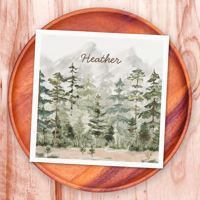 Watercolor Green Pine Forest on Mountain Napkin (In situ)