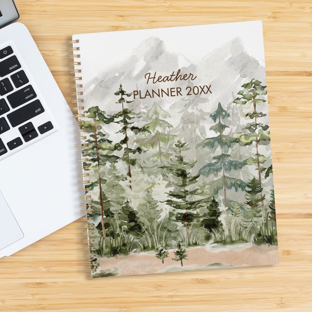 Watercolor Green Pine Forest on Mountain Planner (In situ)