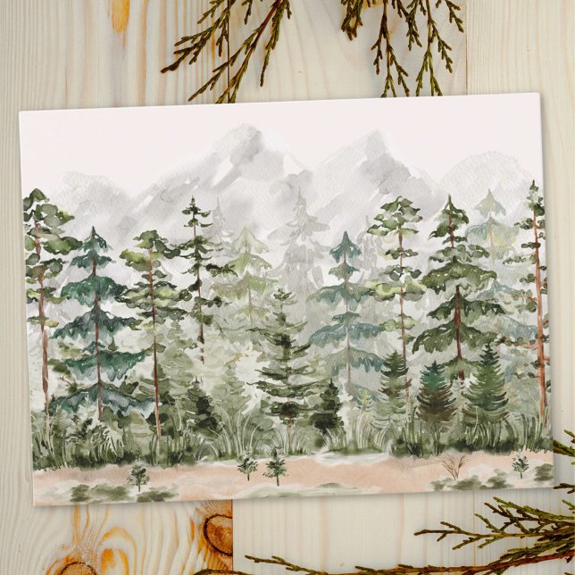 Watercolor Green Pine Forest on Mountain Postcard (Close up)