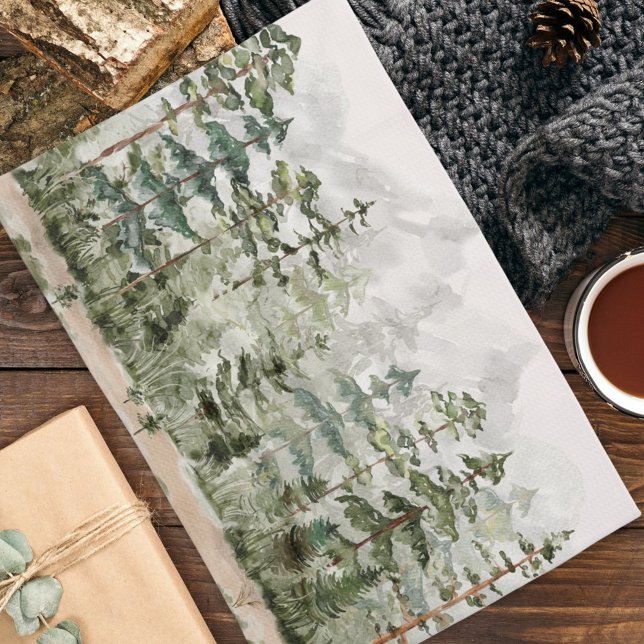Watercolor Green Pine Forest on Mountain Tea Towel (In situ Kitchen table)