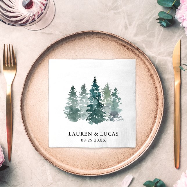 Watercolor Green Pine Spruce Tees Forest Wedding Napkin (Creator Uploaded)