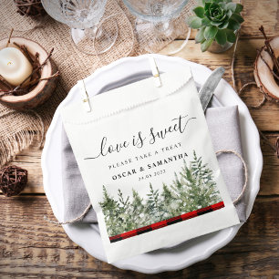 Watercolor Green Pine Tree  & Red Buffalo Plaid Favour Bags