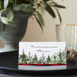 Watercolor Green Pine Tree & Red Buffalo Plaid Place Card