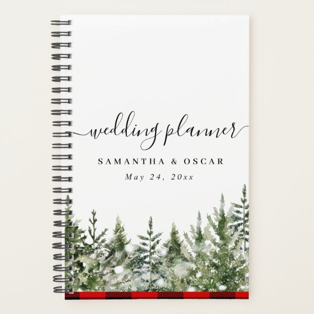 Watercolor Green Pine Tree  & Red Buffalo Plaid Planner (Front)