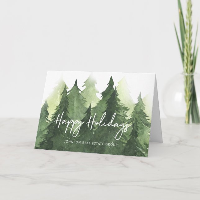 Watercolor Green Pine Trees Business Happy Holiday Card (Front)