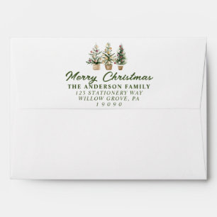 Watercolor Green Pine Trees Merry Christmas Envelope