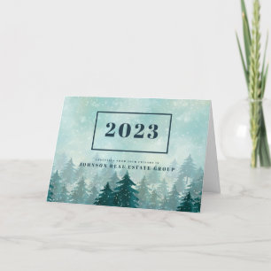Watercolor Green Pine Trees   New Year's Greetings Holiday Card