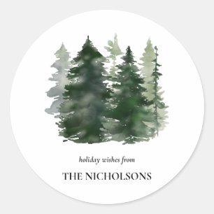 Watercolor Green Pine Trees Simple Holiday Classic Round Sticker