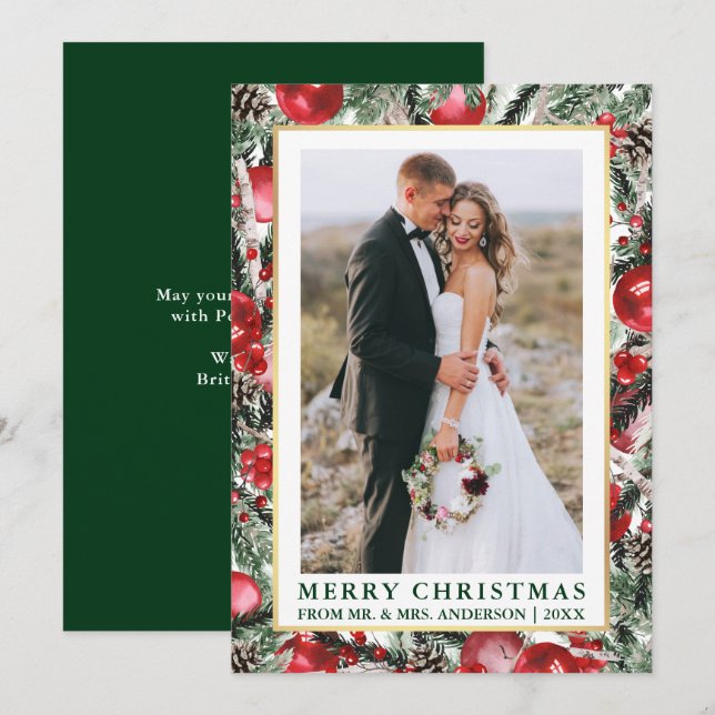 Watercolor Green Pines Ornaments Newlywed Holiday Card (Front/Back)