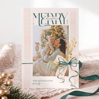 Watercolor Green Pink Bow Merry Christmas Photo Holiday Card
