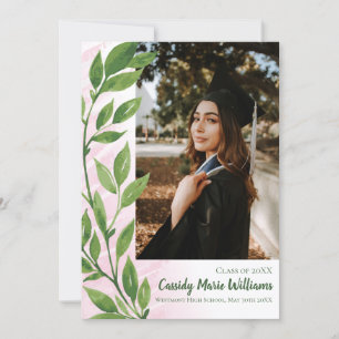 Watercolor Green Pink Ivy Plant Graduation Invitation