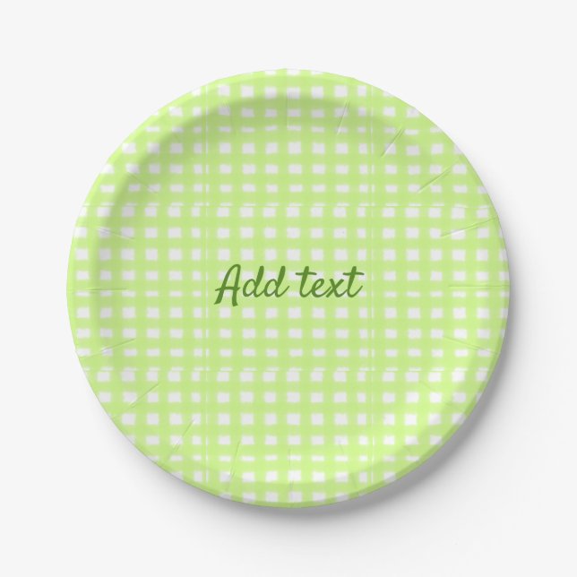 Watercolor green plaid ginham personalised add tex paper plate (Front)