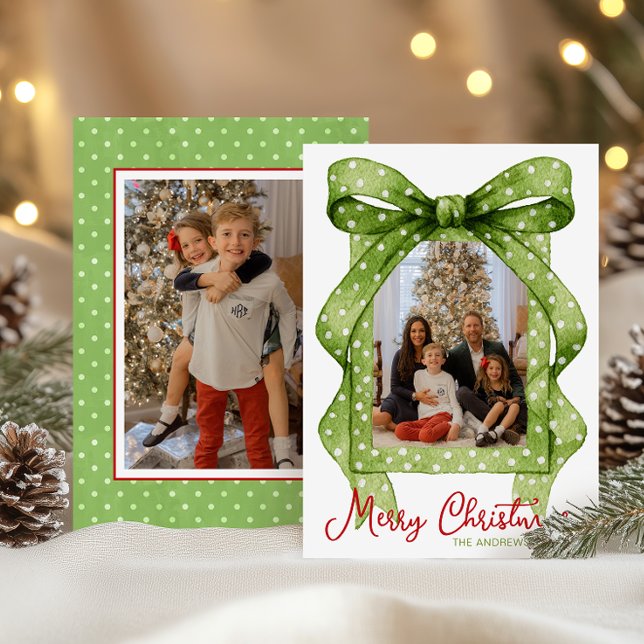 Watercolor Green Polka Dot Bow Christmas Photo Holiday Card (Creator Uploaded)