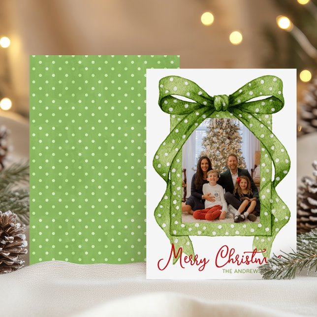 Watercolor Green Polka Dot Bow Christmas Photo Holiday Card (Creator Uploaded)